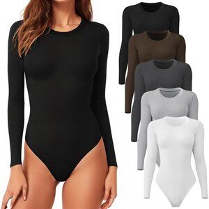Women's 5 Pack Black White Dark Gray Light Gray Coffee Bodysuit Neck Crew Tops